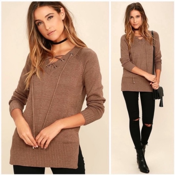 Lulus Chic Cred Brown Lace-Up Sweater medium NWT - Picture 1 of 4